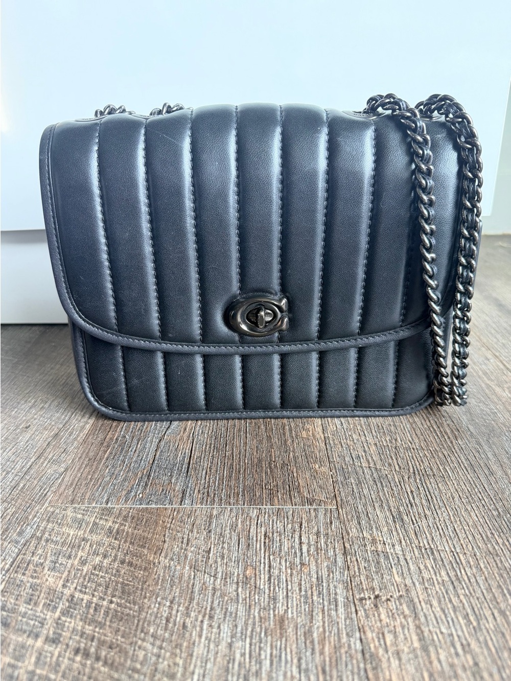 Quilted Coach Maddison Chain Shoulder Bag - Black